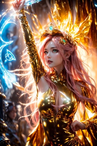 (((sunlight))), Makeup, More Detail, GdClth, (((magic circle))), (((shine))), (((pink hair))), (((goddess))), (((golden eyes))), (((flower))), (((facial pattern))), (((ice))), (((Random hairstyle))), (((happiness))), (((golden beam))), (((golden runes))), (((facial tattoo))), (((cloud))), (((green bodysuit))), ,ghost costume