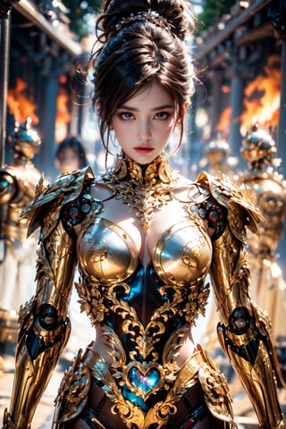 (((robot))),((white armor)), ((fire tattoo)).best quality, masterpiece, beautiful and aesthetic, 16K, (HDR:1.4), high contrast, bokeh:1.2, lens flare, (vibrant color:1.4), (muted colors, dim colors, soothing tones:0), cinematic lighting, ambient lighting, sidelighting, Exquisite details and textures, cinematic shot, Warm tone, (Bright and intense:1.2), wide shot, by playai, ultra realistic illustration, siena natural ratio, anime style, random angles, random poses, dark brown bun hair, (a chic look:1),  30 yo, dawn, romantic, mystical, dynamic lighting, digital painting, highly detailed, mist-shrouded forest background, masterpiece, best quality, dreamy colors, intense colors, rich color, feminine tone, amazing high resolution, 8k.