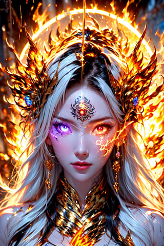 (goddess ), glowing eye , glowing tattoo,  fire eye,  fire, lightning , magic circle , glow ,(((fair skin))) ,(((white skin))),(((fair skin))) ,(((white skin))),,(((fair skin))) ,(((white skin))),