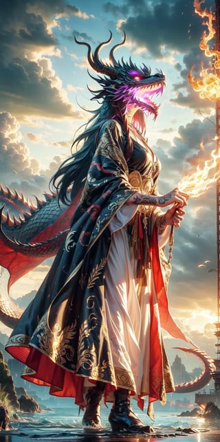 goddess, pattern cloak, patterned robe,(dragon pattern tattoos),windy,wet_clothes,wet hair,white background,Dreamy clouds,spit fire,dragon background