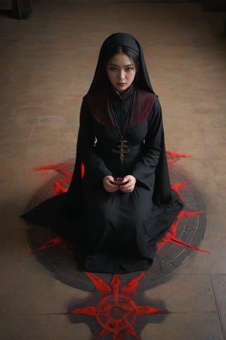 (best quality), (full_body), (high resolution), (intricate details), (photorealistic), (Cinematic Light), focus blur:0.4, Film Grain:0.6, Ray tracing:0.6, Dynamic Range:0.3, median:0.4, (best shadow),

 (goth) Korean female nun, wearing black and red clothing, demonic exorcising viewer,inverted_cross,fiery pentagram,black-candles on floor,pentagram,red-flames,professional, depth of field,POV,stare_at_viewer,black_sclera,glowing red_iris,