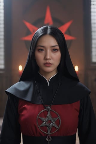 (best quality), (full_body), (high resolution), (intricate details), (photorealistic), (Cinematic Light), focus blur:0.4, Film Grain:0.6, Ray tracing:0.6, Dynamic Range:0.3, median:0.4, (best shadow),

 (goth) Korean female nun, wearing black and red clothing, demonic exorcising viewer,inverted_cross,fiery pentagram,black-candles,red-flames,professional, depth of field,up_close,POV,stare_at_viewer