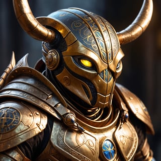 Photo  close up, of  an anthro Atlas beetle on his armor detailed eye's , golden Nordic armour, glowing runes, epic light 