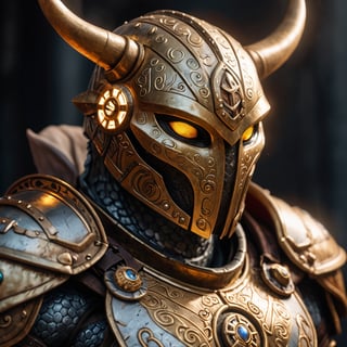 Photo  close up, of  an anthro bettle on his armor detailed eye's , golden Nordic armour, glowing runes, epic light 