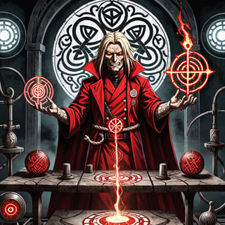  Hellsing anime artwork of a mad god, fantasy laboratory, talking  care of his 
  Experiment, epic light, knotwork , Nordic runes, dystopian vibe 