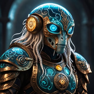 Photo  close up, of  an anthro jellyfish on his armor detailed eye's, ancient rune armour, glowing runes, epic light, full body