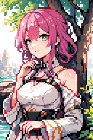 1women,, (fractal clothes:1.4, intricated)(white dress),pink hair, silky hair, green eyes, real hands, roy, summer,water, soft light, real shadow, tree shadow, wallpaper, cinematic,High detailed,,raidenshogundef,Kafka(hsr),Pixel art