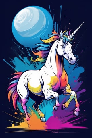 Centered image,  bits of color,  hand drawn,  realistic sketch,  Rough sketch,  bold lines,  splash art,  Artwork of T-shirt design,  white background,  pegacorn,  background_sky,  moonlight,  flat illustration,  high contrast,  vibrant vector,  vector image,  8k,