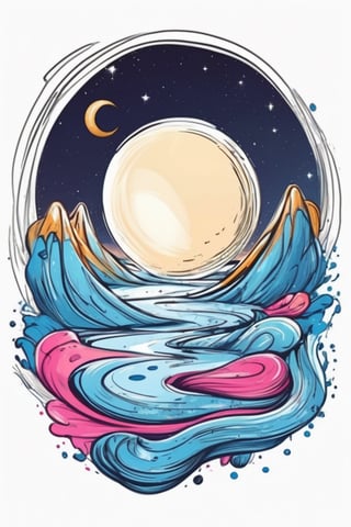 Centered image,  bits of color,  hand drawn,  realistic sketch,  Rough sketch,  bold lines,  splash art,  Artwork of T-shirt design,  white background,  serpentine,  dessert,  moonlight,  flat illustration,  high contrast,  vibrant vector,  vector image,  8k,