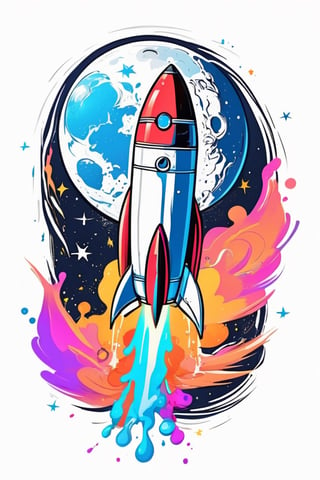 Centered image,  bits of color,  hand drawn,  realistic sketch,  Rough sketch,  bold lines,  splash art,  Artwork of T-shirt design,  white background,  rocket,  outer_space,  fullmoon,  flat illustration,  high contrast,  vibrant vector,  vector image,  8k,