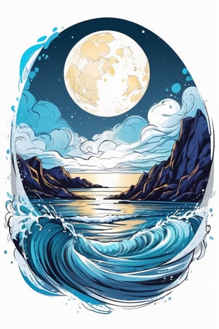 Centered image,  bits of color,  hand drawn,  realistic sketch,  Rough sketch,  bold lines,  splash art,  Artwork of T-shirt design,  white background,  serpentine,  ocean,  moonlight,  flat illustration,  high contrast,  vibrant vector,  vector image,  8k,