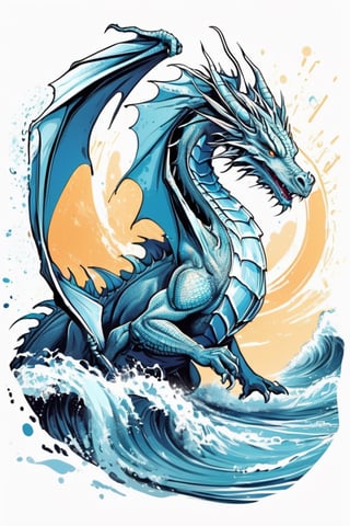 Centered image,  bits of color,  hand drawn,  realistic sketch,  Rough sketch,  bold lines,  splash art,  Artwork of T-shirt design,  white background,  dragon,  ocean,  moonlight,  flat illustration,  high contrast,  vibrant vector,  vector image,  8k,