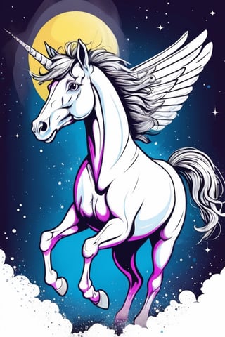 Centered image,  bits of color,  hand drawn,  realistic sketch,  Rough sketch,  bold lines,  splash art,  Artwork of T-shirt design,  white background,  pegacorn,  background_sky,  moonlight,  flat illustration,  high contrast,  vibrant vector,  vector image,  8k,