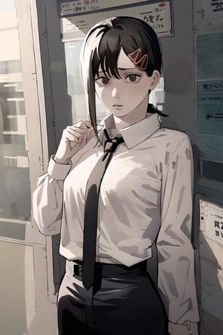 (masterpiece, best quality:1.2), fujimoto, 1girl, solo, kobeni higashiyama, brown hair, hair ornament, hairclip, ponytail, short hair, brown eyes, black necktie, black pants, formal, long sleeves, necktie, simple background, cute