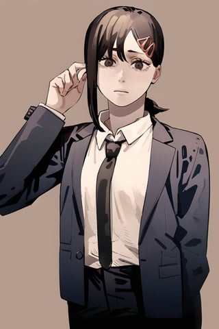 (masterpiece, best quality:1.2), fujimoto, 1girl, solo, kobeni higashiyama, brown hair, hair ornament, hairclip, ponytail, short hair, brown eyes, black necktie, black pants, formal, long sleeves, necktie, simple background, cute