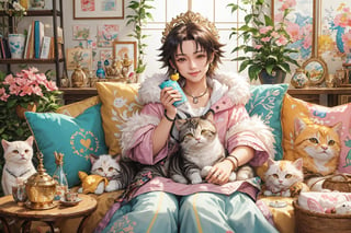 (best quality,ultra-detailed,cute animals,vivid colors,soft lighting,digital illustration,fluffy fur,playful expressions,adorable poses,dreamy atmosphere,colorful surroundings), (art by Makoto :1.5), digital art, child, cute cat, 16K, cool wallpaper, things, jasmine, pillows, clutter, toy, basket, wood, pot, can copper, garden yard, circle face, smile, sharp focus, HDR, Add more details