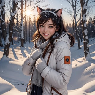 (best quality:1.05), 1girl, winter clothes, detailed clothes, high quality winter clothes, intricate detail, mittens, smiling, cold, forest village, snow, snowing, sun rays, shining, dawn, setting sun, cat ears, orange eyes, white winter jacket, dynamic lighting, intricate detail,gbfraux,girl