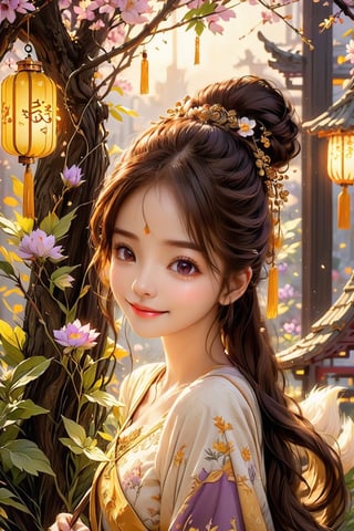 Beautiful 1girl, ((12 years old)), (masterpiece, top quality, best quality, official art, beautiful and aesthetic:1.2), (executoner), extreme detailed, colorful, highest detailed ((ultra-detailed)), (highly detailed CG illustration), ((an extremely delicate and beautiful)), cinematic light, niji style, Chinese house style, in the morning light, maple tree bloom, sunray through the leaves, beautiful eyes, ((light brown eyes)), perfect face, smiling happily, 32k ultra high definition, Pixar movie scene style, realistic high quality Portrait photography, eternal beauty, the lantern behind her emits a soft light, beautiful and dreamy, the flowers are in bloom, and the light bokeh serves as the background, (bronze eyes:1.4), ((purple and yellow hues)), cute animal winterhanfu, holding fox, funny pose, (seat on the swing :1.5), outside, many animals,