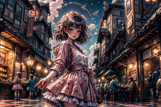 a noble little girl wearing a pink dress and a daisy tiptoes towards a boy with curly hair, reaching out a delicate rose in a thornless stem, standing on cobblestone pavement, under a cloudless sky, with a row of blooming cherry blossom trees in the background, captured with a Canon EOS 5D Mark IV camera, 50mm lens, medium shot focusing on the girl’s tender gesture, in a style reminiscent of a romantic oil painting by Thomas Kinkade,1girl