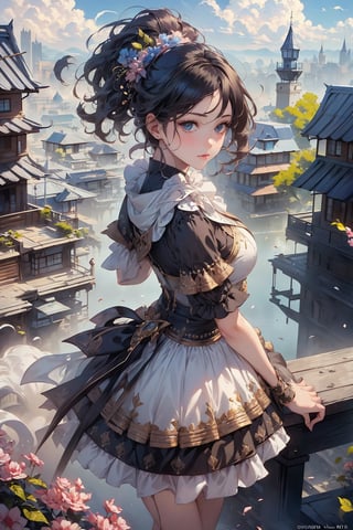 (1girl, adorable, perfect face :1.37), (best quality, masterpieces:1.3), (beautiful and aesthetic:1.2), colorful, dynamic angle, (Realistic:1.4), illustration, (high quality:1.3), (ultra detailed, ultra highres), 32K, (Beautifully Detailed Face and Fingers), (Five Fingers) Each Hand, sharp focus, professional dslr photo, photoreal, stunning light, volumetric fx, ray tracing, (((intricate detailed))), extremely detailed CG, (ultra detailed, ultra highres), (masterpiece, top quality, best quality, official art :1.4), (high quality:1.3), cinematic, wide shot, (muted colors, dim colors), A whimsical cityscape under a bright blue sky with fluffy clouds and butterflies. The city features traditional wooden buildings and a fantastical structure that combines a castle, a pagoda, and a (Ferris wheel :1.3). The colors are vibrant and detailed. 4k, (hyper realism, soft light, dramatic light, sharp, HDR), perfect image, vivid color, (official art, extreme detailed, highest detailed), more detailed,colorful sky,add detail, gold_art,