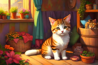 (best quality,ultra-detailed,cute animals,vivid colors,soft lighting,digital illustration,fluffy fur,playful expressions,adorable poses,dreamy atmosphere,colorful surroundings), (art by Makoto :1.5), digital art, child, cute cat, 16K, cool wallpaper, things, flowers, pillows, clutter, toy, basket, wood, pot, can copper, garden yard, circle face, smile, sharp focus, HDR,