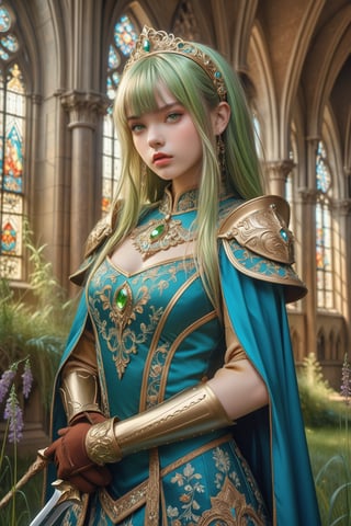 masterpiece, official art, ((ultra detailed)), (ultra quality), high quality, perfect face, 1 girl with long hair, blond-green hair with bangs, bronze eyes, detailed face, wearing a fancy ornate (((folk dress))), shoulder armor, armor, glove, hairband, hair accessories, striped, (holding the great weapon:1.37), jewelery, thighhighs, pauldrons, side slit, capelet, vertical stripes, looking at viewer, fantastical and ethereal scenery, daytime, church, grass, flowers. Intricate details, extremely detailed, incredible details, full colored, complex details, hyper maximalist, detailed decoration, detailed lines, best quality, HDR, dynamic lighting, perfect anatomy, realistic, more detail,
,Architectural100,style