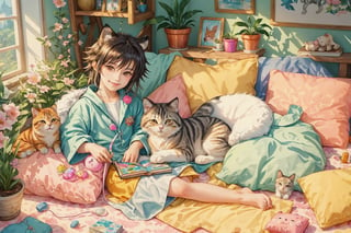 (best quality,ultra-detailed,cute animals,vivid colors,soft lighting,digital illustration,fluffy fur,playful expressions,adorable poses,dreamy atmosphere,colorful surroundings), (art by Makoto :1.5), digital art, child, cute cat, 16K, cool wallpaper, things, jasmine, pillows, clutter, toy, basket, wood, pot, can copper, garden yard, circle face, smile, sharp focus, HDR, Add more details