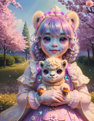 (masterpiece, best quality), (absurdres:1.3), (ultra detailed, ultra highres:1.1), 8K, UHD, realistic,photorealistic:1.37 ,beautiful detailed eyes,beautiful detailed lips , (classical lolita costume:1.5), slightly smile, (((with cute baby alpaca))) , magical aura, whimsical, colorful sunshine ,rays of sunlight peeping through the trees,soft dappled light,peaceful atmosphere,magical creatures,playing alpaca, sparkling fairy dust,soft glow,x,y,z style painting,blending colors,vibrant hues,dreamlike scenery,Realism, (sparkling eyes:1.3), art by Jean-Gabriel Domergue, a cute teenage, 1girl, (15yo, child face), a ultra hd detailed painting, Jean-Baptiste Monge style, bright, beautiful, splash, Glittering, filigree, rim lighting, extremely fluffy, magic, surreal, fantasy, digital art, by wlop, by artgerm, (junji ito style:1.3) , (Andrei Belichenko style:1.3), (extra wide shot:1.6), smooth skin, mgln,cryptids