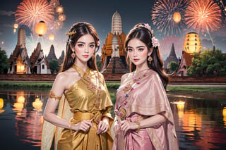 (((Night:1.5))), (masterpiece, best quality, ultra-detailed, 8K), 1 girl, solo, (realistic, illustration :1.2), cgi art, (((fireworks and lanterns background))),  UHD), brilliant color, rim light, Floating basket,  Sit nearby river,

(Celebrating Loy Krathong in Thailand:1.5), (full moon:1.4), The sky is filled with beautiful lanterns ,Loy Krathong Festival, (Loy Krathong),

(Perfect shadow, perfect lighting),  ((bombshell hair or bun hair with bangs)), brown hair, rosy skin, perfect anatomy, (angle below:1.4)
((Purple-pink color, layers thai traditional dress)), 
(Lotus :1.2), (pink sabai),(jewelry:1.2), (linekanok pattern:1.25), dress,  (((long sleeve)) ,linevichit, dark tone Dress, sabai, (Sabai:1.6), Sabai,Extremely Realistic, night sky view background,Thai Dress