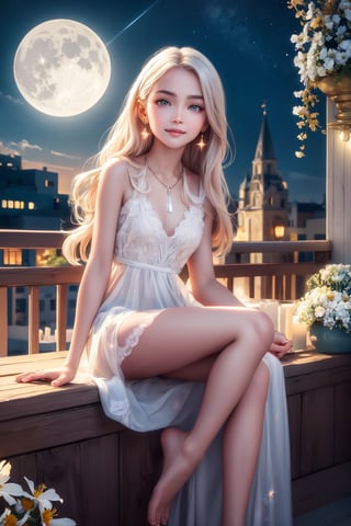 Child face, (mid shot:0.95), (full body:1.25), Dynamic angle, ((Balcony)), (nature), (depth of field), amazing, growth, solo, lens flare, (sitting, admiring the flowers and the moon), ((happy dynamic pose)), (long shiny hair, simple style transparent dress, hair flower, shiny skin, crystal clear clothes), bare legs, barefoot, Startrail, potted plant, hanging potted the plants, between lamp, potted smallpox, blighting stars, night, elegant, night sky, extremely delicate and beautiful sky, shiny, nebula, star, galaxy, meteor, meteor shower, close-up, petals floating, many flowers, garden, glow worm, daisy, carnation, lavender, lily, chrysanthemum, rose), (looking at viewer),
 8k, masterpiece, RAW photo, best quality, photorealistic, extremely detailed CG unity, Depth of field, Cinematic Light, Lens Flare, Ray tracing, (extremely beautiful face, beautiful lips, beautiful eyes), intricate detail face, ((ultra detailed skin)) 1girl, in the dark, deep shadow, pretty girl,(slender body), ((looking at viewer)),(big smile), (fashion city), (neon sign), (blurry background), white diamond earrings, dia bracelets, dia necklace, clear eyes, walking, (big eyes), good teeth, perfect body, perfect anatomy,xewx