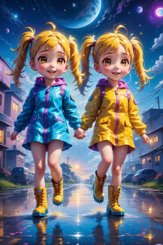 ultra detailed, (masterpiece, top quality, best quality, official art, beautiful and aesthetic:1.2),  Two girls playing in puddles wearing rain boots. In the center of the puddles,  there is a clear reflection of the transparent water surface with bright light reflecting upon it. The girls are dressed in yellow raincoats and wearing boots,  allowing them to play in the puddles without getting wet. One of them is an energetic girl with her hair tied up in pigtails,  while the other has cute short twin tails. Holding hands,  they jump and frolic,  creating splashes of water. The weather is fine after the rain,  and a vibrant rainbow stretches across the background,  creating a joyful atmosphere,  Dark night,  wind blowing,  stary night,  night sky,  absurderes,  high resolution,  Ultra detailed backgrounds,  highly detailed hair,  Calm tones,  (Geometry:1.42),  (Symmetrical background:1.4),  Photograph the whole body,  from below,  Backlighting of natural light,  falling petals,  the source of light is the moon light,  colorful wear,  (adorable difference face:1.4), (sharp focus:1.3), cyberpunk style