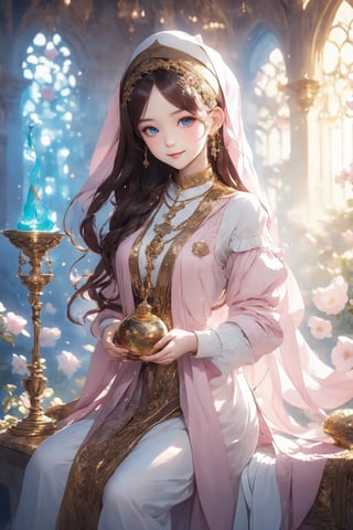 1girl, solo, (masterpiece), (absurdres:1.3), (ultra detailed), HDR, UHD, 16K, ray tracing, vibrant eyes, perfect face, award winning photo, beautiful, shiny skin, (highly detailed), clear face, teenage cute delicate girl, (shy blush:1.1), (high quality, high res, aesthetic:1.1), (dynamic action pose:1.3) ,slightly smile, lens flare, photo quality, big dream eyes, ((perfect eyes, perfect fingers)), iridescent brown hair, vivid color, perfect lighting, perfect shadow, realistic, stunning light, (atmosphere :1.6), nice hands, insane details ,high details ,kawaii, (extra wide shot: 1.8)

(Sharp focus realistic illustration:1.2), a giant glass sphere containing a small ecosystem, surrounded by measurement devices is installed in large-scale factory, a girl Priest stands next to the sphere, divine magic, sacred texts, ceremonial robes, incense, healing spells, blessing rituals, BREAK intricate illustrations, delicate linework, fine details, whimsical patterns, enchanting scenes, dreamy visuals, captivating storytelling, church and stain glass background, messy interior, book, elemental, feature,Alouette_La_Pucelle,emilia (re:zero),flower, ((pink gold style)),Add more details,ME_beauty