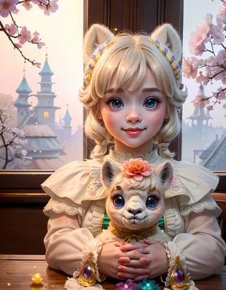 (masterpiece, best quality), (absurdres:1.3), (ultra detailed, ultra highres:1.1), 8K, UHD, realistic,photorealistic:1.37 ,beautiful detailed eyes,beautiful detailed lips , (classical lolita costume:1.5), slightly smile, (((with cute baby alpaca))) , magical aura, whimsical, colorful sunshine ,rays of sunlight peeping through the trees,soft dappled light,peaceful atmosphere,magical creatures,playing alpaca, sparkling fairy dust,soft glow,x,y,z style painting,blending colors,vibrant hues,dreamlike scenery,Realism, (sparkling eyes:1.3), art by Jean-Gabriel Domergue, a cute teenage, 1girl, (15yo, child face), a ultra hd detailed painting, Jean-Baptiste Monge style, bright, beautiful, splash, Glittering, filigree, rim lighting, extremely fluffy, magic, surreal, fantasy, digital art, by wlop, by artgerm, (junji ito style:1.3) , (Andrei Belichenko style:1.3), (extra wide shot:1.6), smooth skin, mgln,cryptids