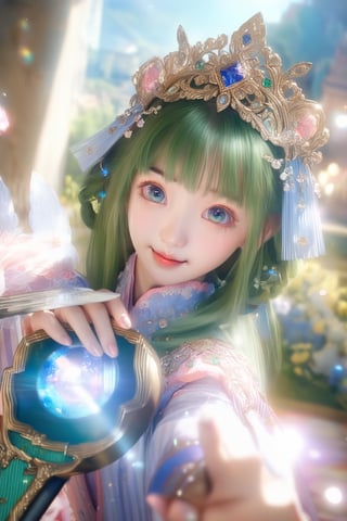 (masterpiece), (absurdres:1.3), (ultra detailed), HDR, UHD, 16K, ray tracing, vibrant eyes, perfect face, award winning photo, 1 girl with long hair, blond-green hair with bangs, bronze eyes, detailed face, wearing a fancy ornate (((folk dress))), shoulder armor, armor, glove, hairband, hair accessories, striped, (holding the great weapon:1.7), jewelery, thighhighs, pauldrons, side slit, capelet, vertical stripes, looking at viewer, fantastical and ethereal scenery, daytime, church, grass, flowers. Intricate details, extremely detailed, incredible details, full colored, complex details, hyper maximalist, detailed decoration, detailed lines, best quality, dynamic lighting, perfect anatomy, realistic, more detail, ,Architect, shiny skin, (shy blush:1.1), (dynamic action pose:1.3) ,slightly smile, lens flare, photo quality, big dream eyes, ((perfect eyes, perfect fingers)) ,kawaii, (Sharp focus realistic illustration:1.2), holding stuff, 