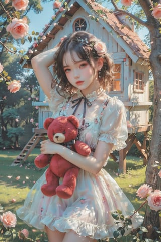 ultra detailed,  (masterpiece,  top quality,  best quality,  official art,  perfect face:1.2),  UHD,(cinematic,  azure and light pink:0.85),  (muted colors,  dim colors),  falling petals,  red roses , happiness, (wearing trendy fashion:1.4), chiffon sheer dress vanilla, (full field roses :1.4), (((hold a teddy bear))), dynamic posing, tree house, park, swing, cute_girl, pastel flowers , lilac, rose, Line art,1girl, Light master,More Reasonable Details,emo