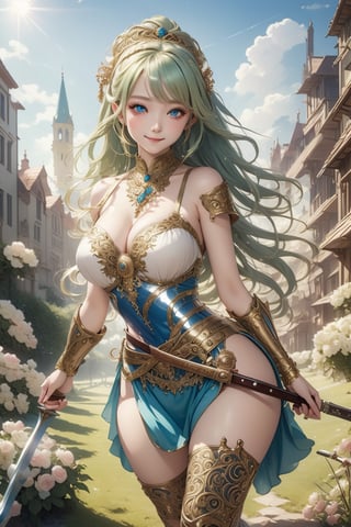 (masterpiece), (absurdres:1.3), (ultra detailed), HDR, UHD, 16K, ray tracing, vibrant eyes, perfect face, award winning photo, 1 girl with long hair, blond-green hair with bangs, bronze eyes, detailed face, wearing a fancy ornate (((folk dress))), shoulder armor, armor, glove, hairband, hair accessories, striped, (holding the great weapon:1.7), jewelery, thighhighs, pauldrons, side slit, capelet, vertical stripes, looking at viewer, fantastical and ethereal scenery, daytime, church, grass, flowers. Intricate details, extremely detailed, incredible details, full colored, complex details, hyper maximalist, detailed decoration, detailed lines, best quality, dynamic lighting, perfect anatomy, realistic, more detail, ,Architect, shiny skin, (shy blush:1.1), (dynamic action pose:1.3) ,slightly smile, lens flare, photo quality, big dream eyes, ((perfect eyes, perfect fingers)) ,kawaii, (Sharp focus realistic illustration:1.2), holding stuff, 