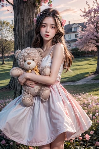 ultra detailed,  (masterpiece,  top quality,  best quality,  official art,  perfect face:1.2),  UHD,(cinematic, azure and light pink:1),  (muted colors,  dim colors),  falling petals , happiness, (trendy cloth :1.4), fashion dress, (full field roses :1.4), (((hold a teddy bear))), (dynamic action posing), tree house, park, swing, (pink-yellow sky :1.2), cute_girl, pastel flowers , lilac, rose, Line art,1girl, Light master