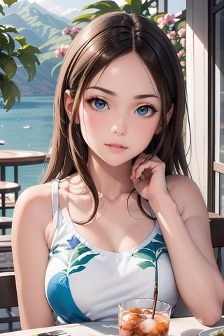 ultra detailed, (masterpiece, top quality, best quality, official art, perfect face:1.2), UHD, cinematic, (muted colors, dim colors), perfect face, perfect eyes, long-lenses photograph, realistic, 8K, 16K, with mountains and valleys, dynamic lighting, (1girl), in an outdoor restaurant overlooking the ocean, table has food and drinks, candles, vibrant colors, she is styling with a Hawaiian dress, detailed expressive eyes, bright mood lighting coconut tree, foliage, potted plants, treehouse, balcony, photorealistic, masterpiece, romance, Line art, 