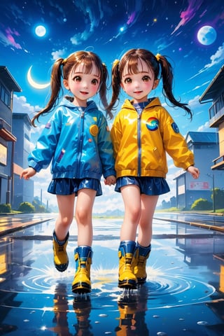 ultra detailed, (masterpiece, top quality, best quality, official art, beautiful and aesthetic:1.2),  Two girls playing in puddles wearing rain boots. In the center of the puddles,  there is a clear reflection of the transparent water surface with bright light reflecting upon it. The girls are dressed in yellow raincoats and wearing boots,  allowing them to play in the puddles without getting wet. One of them is an energetic girl with her hair tied up in pigtails,  while the other has cute short twin tails. Holding hands,  they jump and frolic,  creating splashes of water. The weather is fine after the rain,  and a vibrant rainbow stretches across the background,  creating a joyful atmosphere,  Dark night,  wind blowing,  stary night,  night sky,  absurderes,  high resolution,  Ultra detailed backgrounds,  highly detailed hair,  Calm tones,  (Geometry:1.42),  (Symmetrical background:1.4),  Photograph the whole body,  from below,  Backlighting of natural light,  falling petals,  the source of light is the moon light,  colorful wear,  (adorable difference face:1.4), (sharp focus:1.3), cyberpunk style