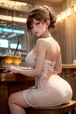 (ultra detailed, ultra highres), (masterpiece, top quality, best quality, official art :1.4), (high quality:1.3), A sultry sexual android perches on a stool, its metallic curves glistening under the pulsing neon lights of the cyberpunk club. The air is thick with the sweet scent of smoky whiskey and the murmur of hushed conversations. Before it, a rainbow-colored drink glows like a miniature cityscape, awaiting the android's selection. Its gaze, a piercing fusion of human and machine, holds the promise of intimacy and connection for anyone brave enough to approach, Movie Poster, 