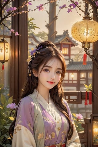 Beautiful 1girl, ((12 years old)), (masterpiece, top quality, best quality, official art, beautiful and aesthetic:1.2), (executoner), extreme detailed, colorful, highest detailed ((ultra-detailed)), (highly detailed CG illustration), ((an extremely delicate and beautiful)), cinematic light, niji style, Chinese house style, in the morning light, maple tree bloom, sunray through the leaves, beautiful eyes, ((light brown eyes)), perfect face, smiling happily, 32k ultra high definition, Pixar movie scene style, realistic high quality Portrait photography, eternal beauty, the lantern behind her emits a soft light, beautiful and dreamy, the flowers are in bloom, and the light bokeh serves as the background, (bronze eyes:1.4), ((purple and yellow hues)), cute animal winterhanfu, holding object, funny pose