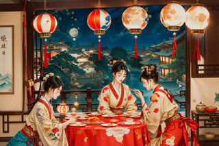 (Best quality, masterpiece, detailed details), Chinese illustration, Chinese traditional festivals, Mid-Autumn Festival, full moon background, many people, detailed details, emotional expressions, a family dinner, the moon, Chinese lanterns, a table of delicious food, Mid-Autumn Festival Festival, traditional culture, there are many people of different styles in the scene, some closer to the front, some closer to the back, full of hidden details, epic scenes, crazy photography 16K resolution,Meimei,1girl,isaku