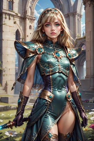 score_9, score_8_up, score_8, masterpiece, official art, ((ultra detailed)), (ultra quality), high quality, perfect face, 1 girl with long hair, blond-green hair with bangs, bronze eyes, detailed face, wearing a fancy ornate (((folk dress))), shoulder armor, armor, glove, hairband, hair accessories, striped, (holding the great weapon :1.4), jewelery, thighhighs, pauldrons, side slit, capelet, vertical stripes, looking at viewer, fantastical and ethereal scenery, daytime, church, grass, flowers. Intricate details, extremely detailed, incredible details, full colored, complex details, hyper maximalist, detailed decoration, detailed lines, best quality, HDR, dynamic lighting, perfect anatomy, realistic, more detail, Architecture, full juicy lips, perfect green eyes, (soft cute face)