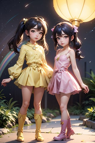 (best quality,4k,8k,highres,masterpiece:1.2),ultra-detailed,(realistic,photorealistic,photo-realistic:1.37), Two girls playing in puddles wearing rain boots. In the center of the puddles, there is a clear reflection of the transparent water surface with bright light reflecting upon it. The girls are dressed in yellow raincoats and wearing boots, allowing them to play in the puddles without getting wet. One of them is an energetic girl with her hair tied up in pigtails, while the other has cute short twin tails. Holding hands, they jump and frolic, creating splashes of water. The weather is fine after the rain, and a vibrant rainbow stretches across the background. The colors of the rainbow harmonize with the girls' smiles, creating a joyful atmosphere.,