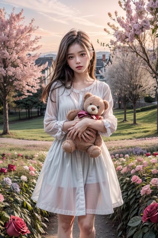 ultra detailed,  (masterpiece,  top quality,  best quality,  official art,  perfect face:1.2),  UHD,(cinematic, azure and light pink:1),  (muted colors,  dim colors),  falling petals , happiness, (trendy cloth :1.4), fashion dress, (full field roses :1.4), (((hold a teddy bear))), (dynamic action posing), tree house, park, swing, (pink-yellow sky :1.2), cute_girl, pastel flowers , lilac, rose, Line art,1girl, Light master