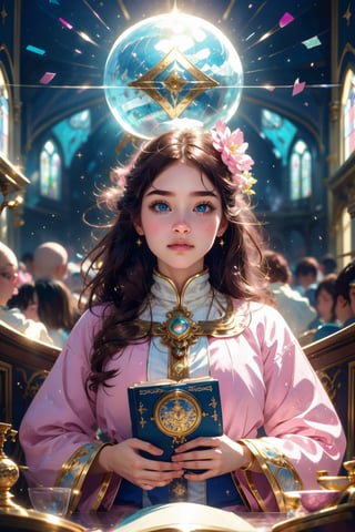 1girl, solo, (masterpiece), (absurdres:1.3), (ultra detailed), HDR, UHD, 16K, ray tracing, vibrant eyes, perfect face, award winning photo, beautiful, shiny skin, (highly detailed), clear face, teenage cute delicate girl, (shy blush:1.1), (high quality, high res, aesthetic:1.1), (dynamic action pose:1.3) ,slightly smile, lens flare, photo quality, big dream eyes, ((perfect eyes, perfect fingers)), iridescent brown hair, vivid color, perfect lighting, perfect shadow, realistic, stunning light, (atmosphere :1.6), nice hands, insane details ,high details ,kawaii, (extra wide shot: 1.8)

(Sharp focus realistic illustration:1.2), a giant glass sphere containing a small ecosystem, surrounded by measurement devices is installed in large-scale factory, a girl Priest stands next to the sphere, divine magic, sacred texts, ceremonial robes, incense, healing spells, blessing rituals, BREAK intricate illustrations, delicate linework, fine details, whimsical patterns, enchanting scenes, dreamy visuals, captivating storytelling, church and stain glass background, messy interior, book, elemental, feature, holding stuff,flower, ((pink gold style)),Add more details,Ultra details++ 