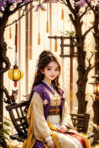 Beautiful 1girl, ((12 years old)), (masterpiece, top quality, best quality, official art, beautiful and aesthetic:1.2), (executoner), extreme detailed, colorful, highest detailed ((ultra-detailed)), (highly detailed CG illustration), ((an extremely delicate and beautiful)), cinematic light, niji style, Chinese house style, in the morning light, maple tree bloom, sunray through the leaves, beautiful eyes, ((light brown eyes)), perfect face, smiling happily, 32k ultra high definition, Pixar movie scene style, realistic high quality Portrait photography, eternal beauty, the lantern behind her emits a soft light, beautiful and dreamy, the flowers are in bloom, and the light bokeh serves as the background, (bronze eyes:1.4), ((purple and yellow hues)), cute animal winterhanfu, holding object, funny pose, (sitting on a tree swing:1.5), swing on swing, outside, fox near her,