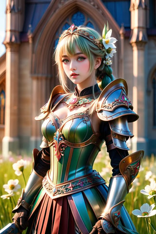 (masterpiece), (absurdres:1.3), (ultra detailed), HDR, UHD, 16K, ray tracing, vibrant eyes, perfect face, award winning photo, 1 girl with long hair, blond-green hair with bangs, bronze eyes, detailed face, wearing a fancy ornate (((folk dress))), shoulder armor, armor, glove, hairband, hair accessories, striped, (holding the great weapon:1.7), jewelery, thighhighs, pauldrons, side slit, capelet, vertical stripes, looking at viewer, fantastical and ethereal scenery, daytime, church, grass, flowers. Intricate details, extremely detailed, incredible details, full colored, complex details, hyper maximalist, detailed decoration, detailed lines, best quality, dynamic lighting, perfect anatomy, realistic, more detail, Architect, shiny skin, (shy blush:1.1), (dynamic action pose:1.3) ,slightly smile, lens flare, photo quality, big dream eyes, ((perfect eyes, perfect fingers)) ,kawaii, (Sharp focus realistic illustration:1.2), 