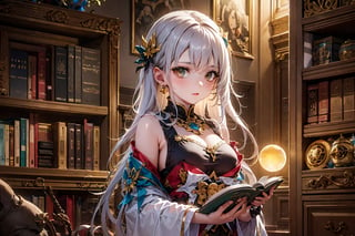 Masterpiece, Best Quality, highres, hyper detailed, A young librarian stands guard over a towering bookcase, holding a glowing orb. Ancient magic crackles around her, protecting the hidden knowledge within. (Mood: Mystical, protective. Setting: Grand library filled with ancient tomes and mystical artifacts. Color tone: Warm yellows, browns, and soft glows from the orb),jewel pet