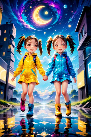 ultra detailed, (masterpiece, top quality, best quality, official art, beautiful and aesthetic:1.2),  Two girls playing in puddles wearing rain boots. In the center of the puddles,  there is a clear reflection of the transparent water surface with bright light reflecting upon it. The girls are dressed in yellow raincoats and wearing boots,  allowing them to play in the puddles without getting wet. One of them is an energetic girl with her hair tied up in pigtails,  while the other has cute short twin tails. Holding hands,  they jump and frolic,  creating splashes of water. The weather is fine after the rain,  and a vibrant rainbow stretches across the background,  creating a joyful atmosphere,  Dark night,  wind blowing,  stary night,  night sky,  absurderes,  high resolution,  Ultra detailed backgrounds,  highly detailed hair,  Calm tones,  (Geometry:1.42),  (Symmetrical background:1.4),  Photograph the whole body,  from below,  Backlighting of natural light,  falling petals,  the source of light is the moon light,  colorful wear,  (adorable difference face:1.4), (sharp focus:1.3), cyberpunk style